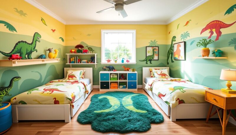 Dinosaur-themed twin boy bedroom